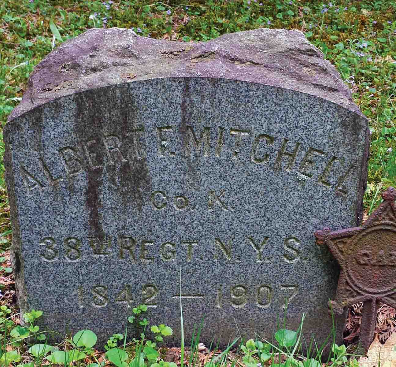 Studio photo of Albert Mitchell in Civil War uniform. Albert Mitchell’s tombstone in the Greenridge Cemetery, Saratoga Springs, New York.